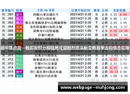 德甲焦点战一触即发积分榜格局或迎剧烈震荡新变数赛季走向悬念陡增